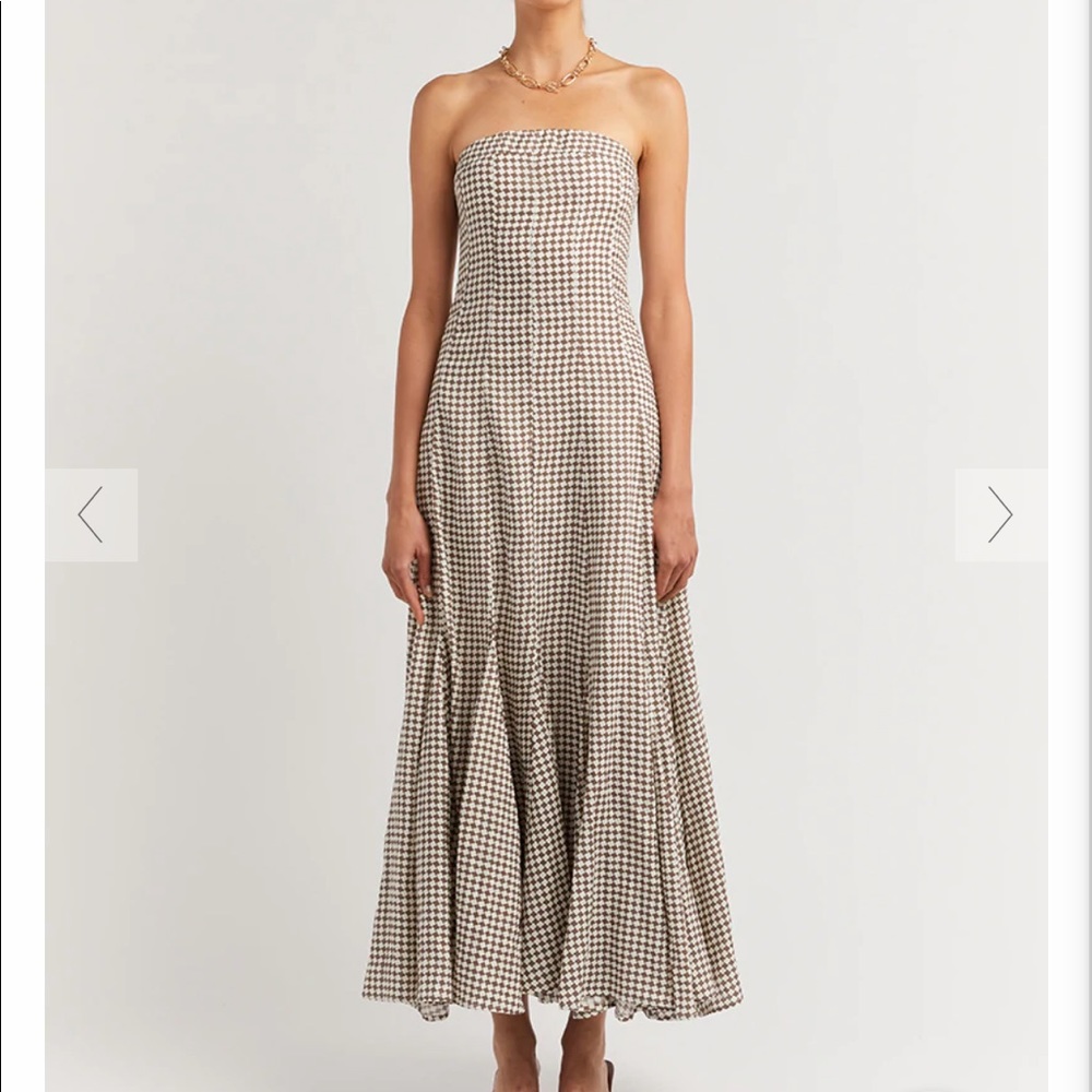 DISSH GAIA CHOCOLATE GEO STRAPLESS DRESS